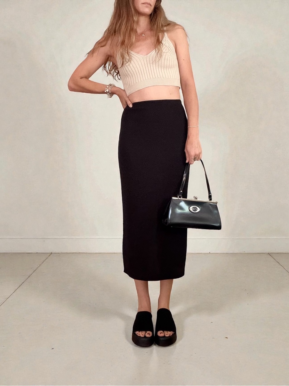 Vintage Express - Black High-Waist Midi Skirt - Size Extra Small